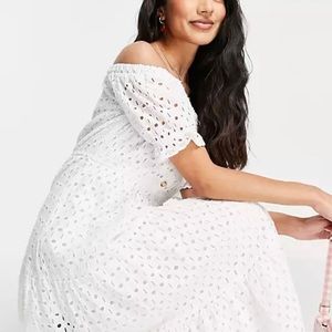 White embroidered off the shoulder dress